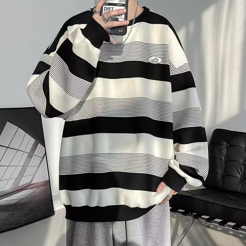 Casual Mens Sweatshirt with Stripes Long Sleeves Round Neck for All Seasons - Picture 26 of 40