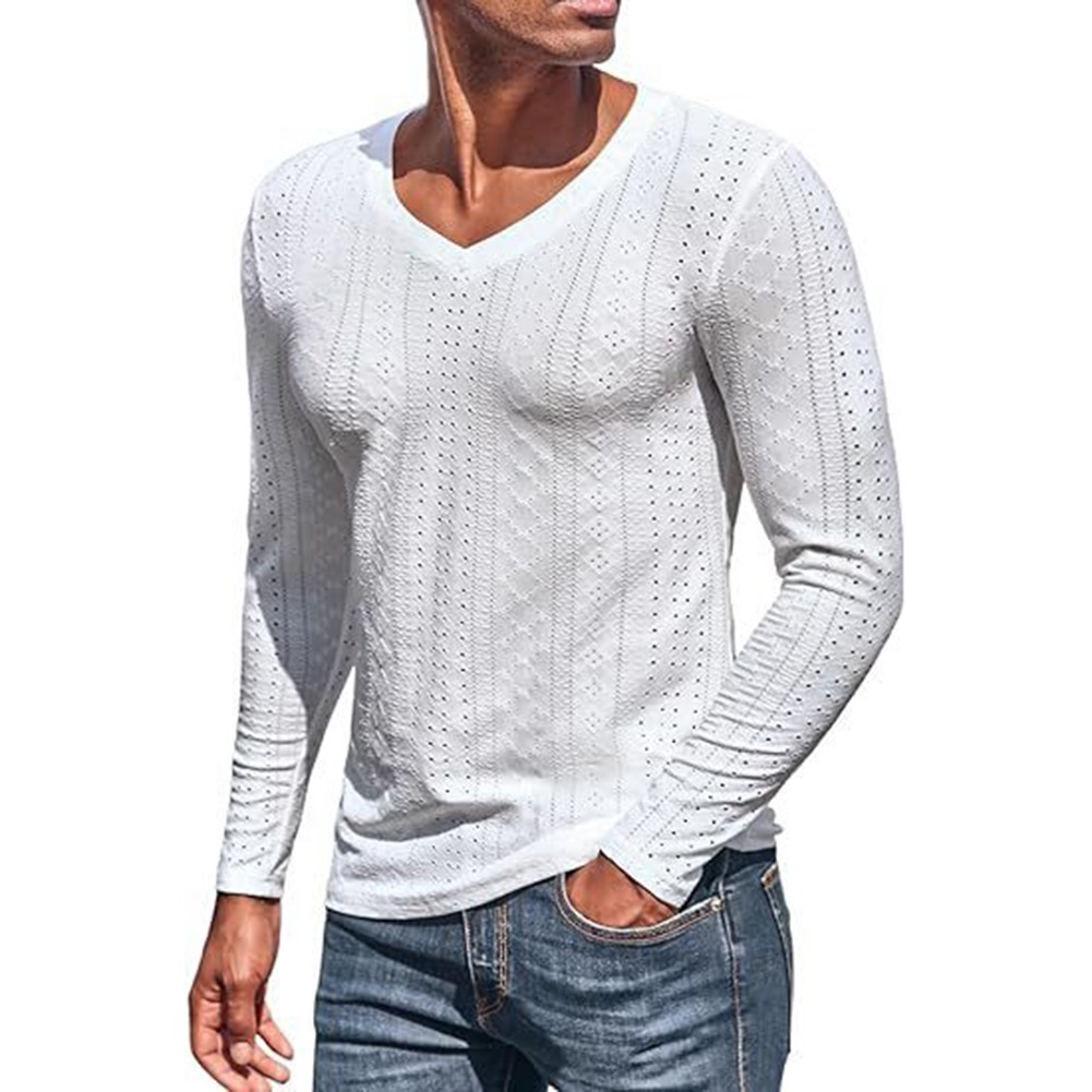 Men Autumn Jacquard Hollow Out Long Sleeve V Neck Knit T-Shirt Fashion Basic Top
