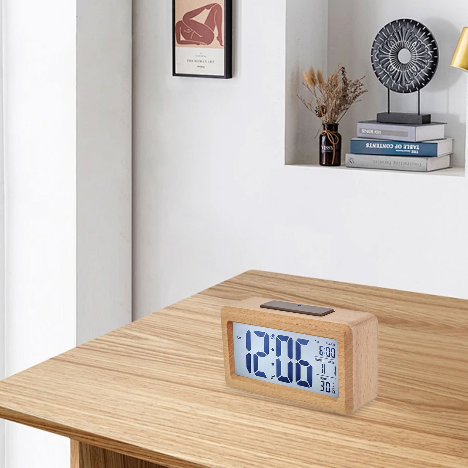 Sleek Wood Alarm Clock with Ambient Light Sensor Snooze Function 13 8x7 7CM