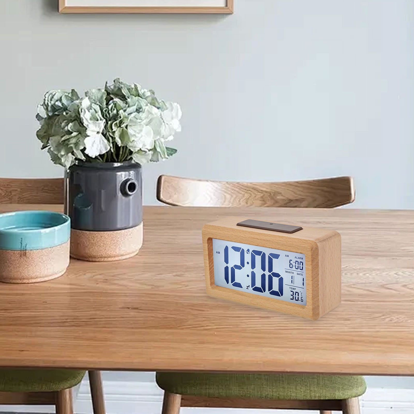 Unique Wood Grain Alarm Clock with Soft Backlight and Temperature Display