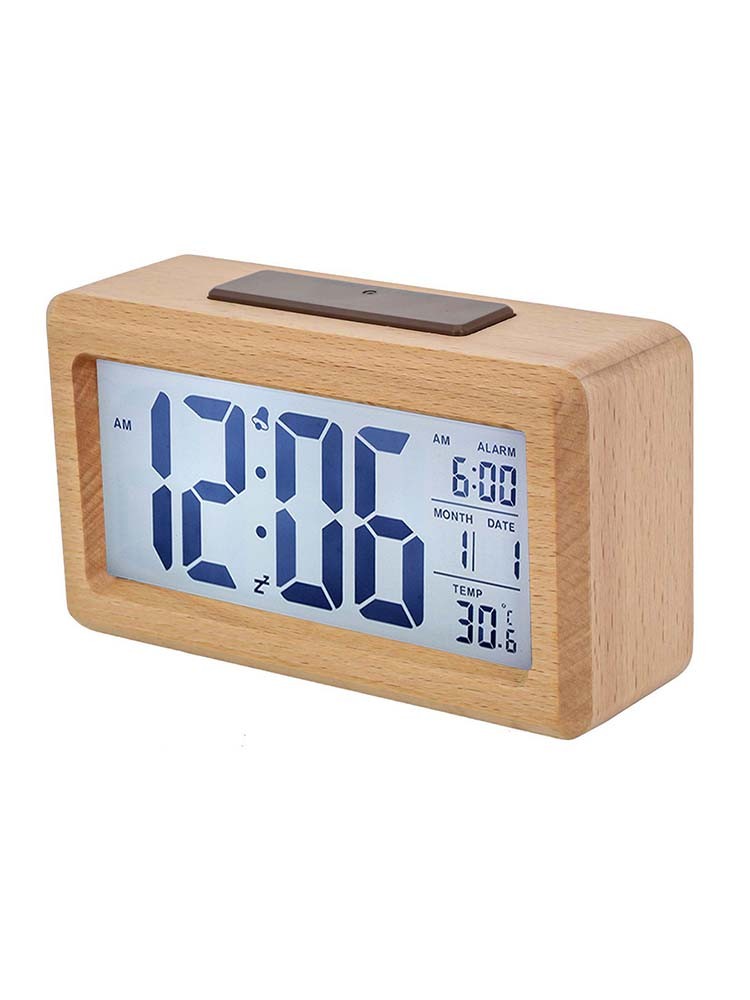 Sleek Wood Alarm Clock with Ambient Light Sensor Snooze Function 13 8x7 7CM