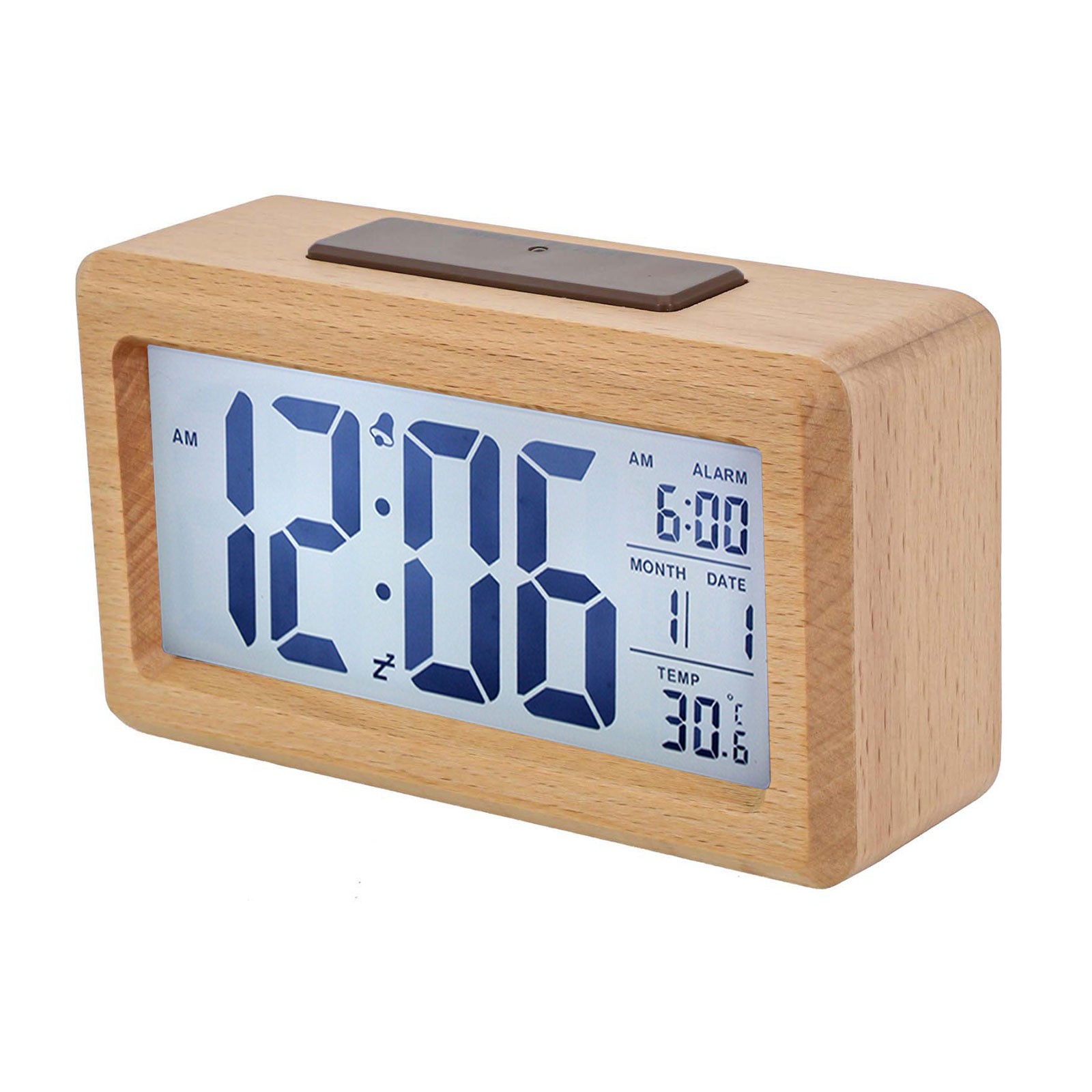 Sleek Wood Alarm Clock with Ambient Light Sensor Snooze Function 13 8x7 7CM