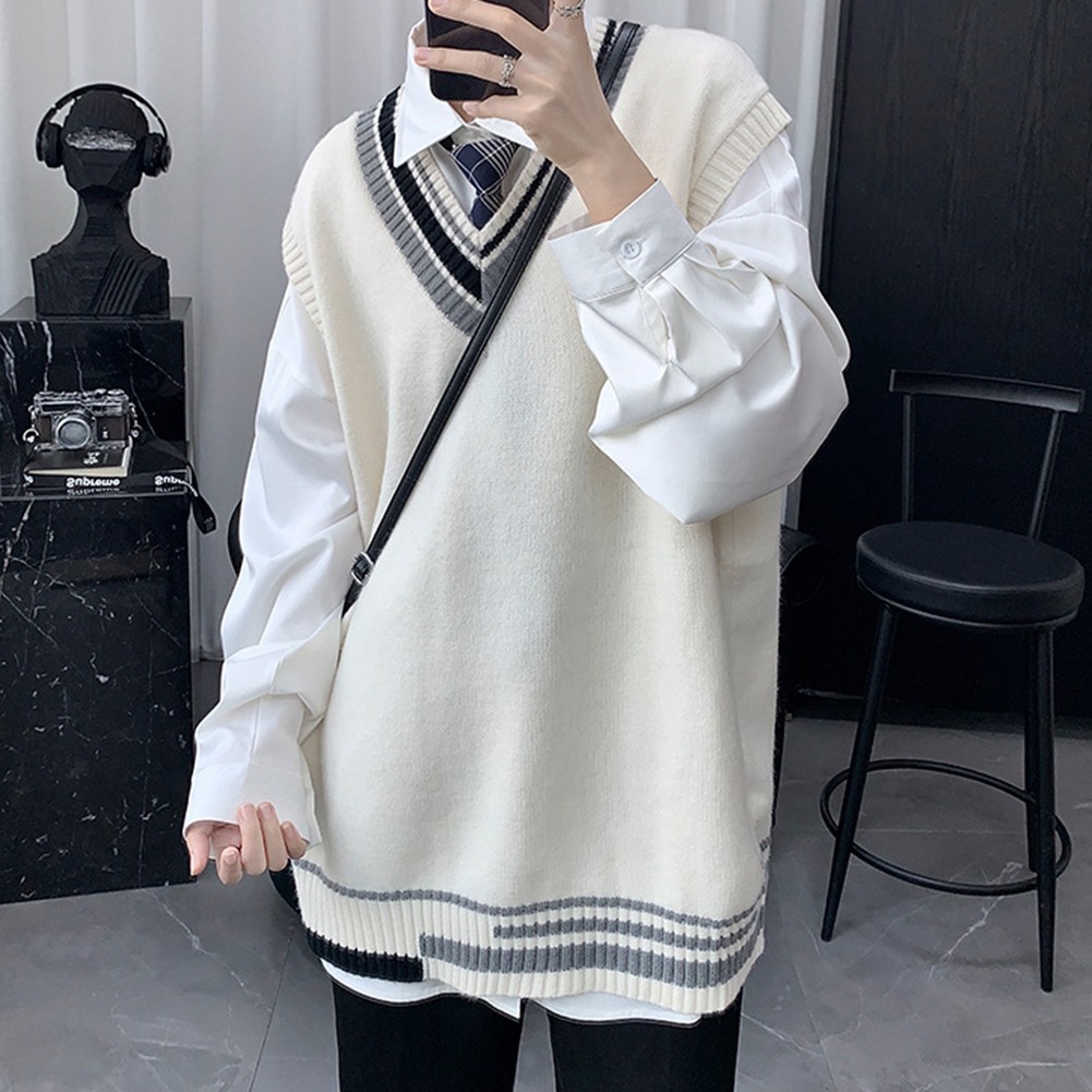 Mens Knitted V Neck Vest Stylish Sleeveless Pullover in Striped Design - Picture 15 of 24