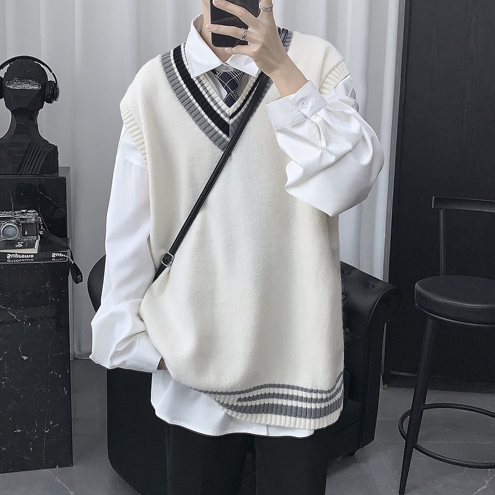 Mens Knitted V Neck Vest Stylish Sleeveless Pullover in Striped Design - Picture 13 of 24
