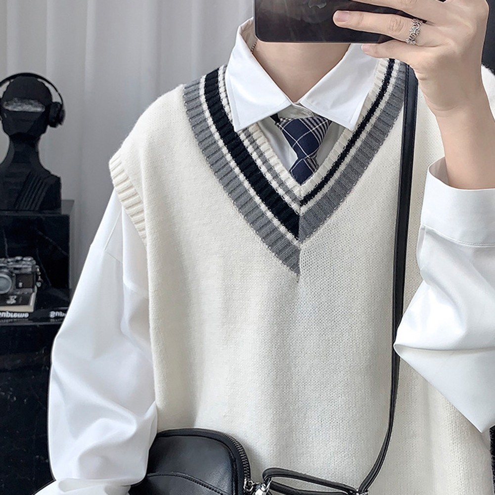 Mens Knitted V Neck Vest Stylish Sleeveless Pullover in Striped Design - Picture 18 of 24