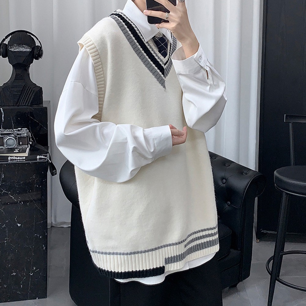 Mens Knitted V Neck Vest Stylish Sleeveless Pullover in Striped Design - Picture 14 of 24