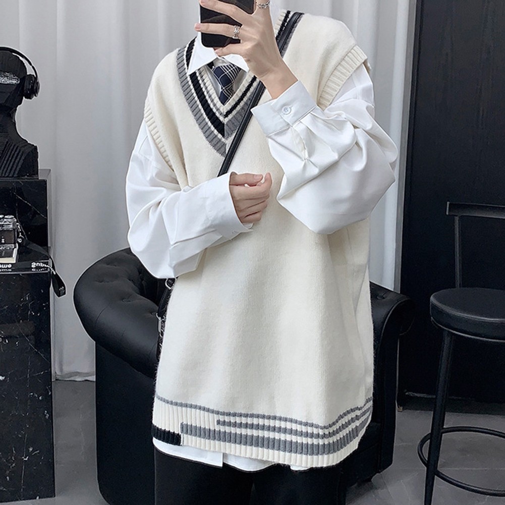 Mens Knitted V Neck Vest Stylish Sleeveless Pullover in Striped Design - Picture 17 of 24