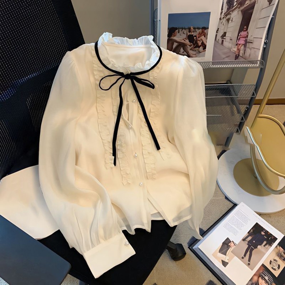 Sophisticated Womens Long Sleeve Shirt in Soft Chiffon with a Sweet Bow - Picture 13 of 32