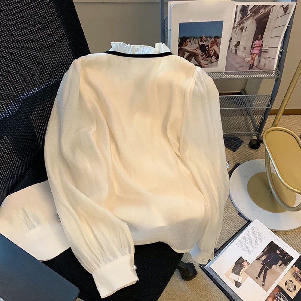 Sophisticated Womens Long Sleeve Shirt in Soft Chiffon with a Sweet Bow - Picture 14 of 32