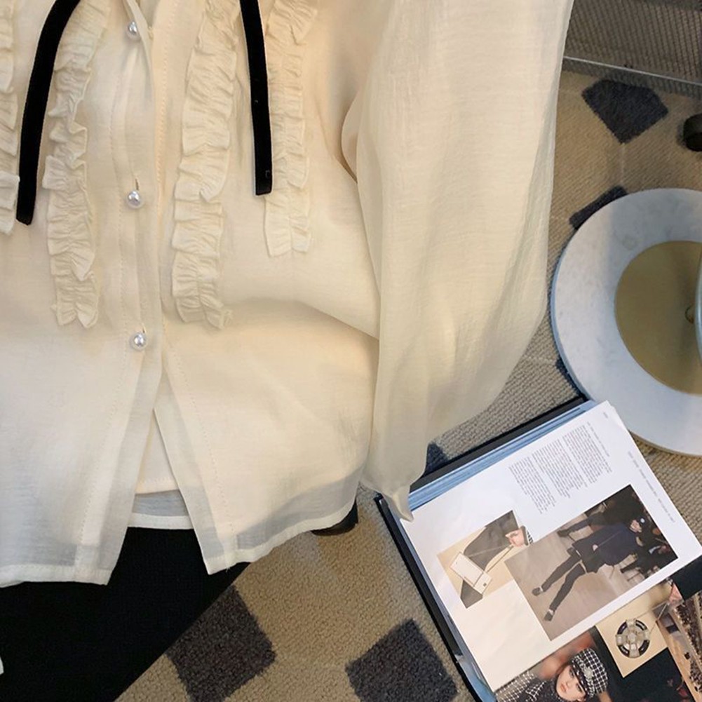Sophisticated Womens Long Sleeve Shirt in Soft Chiffon with a Sweet Bow - Picture 17 of 32