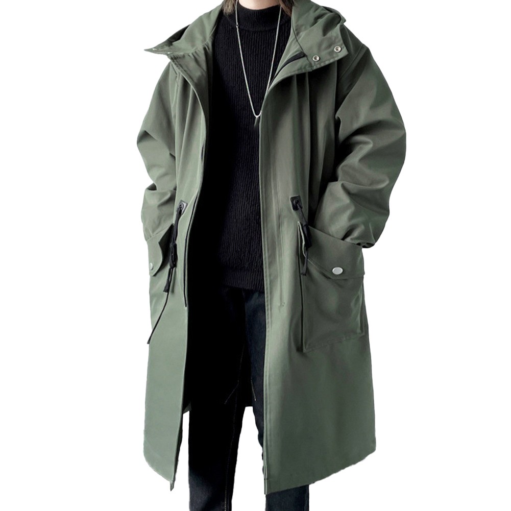 Fashionable Men's Long Overcoat in Khaki Green Black Suitable for Winter - Picture 19 of 26