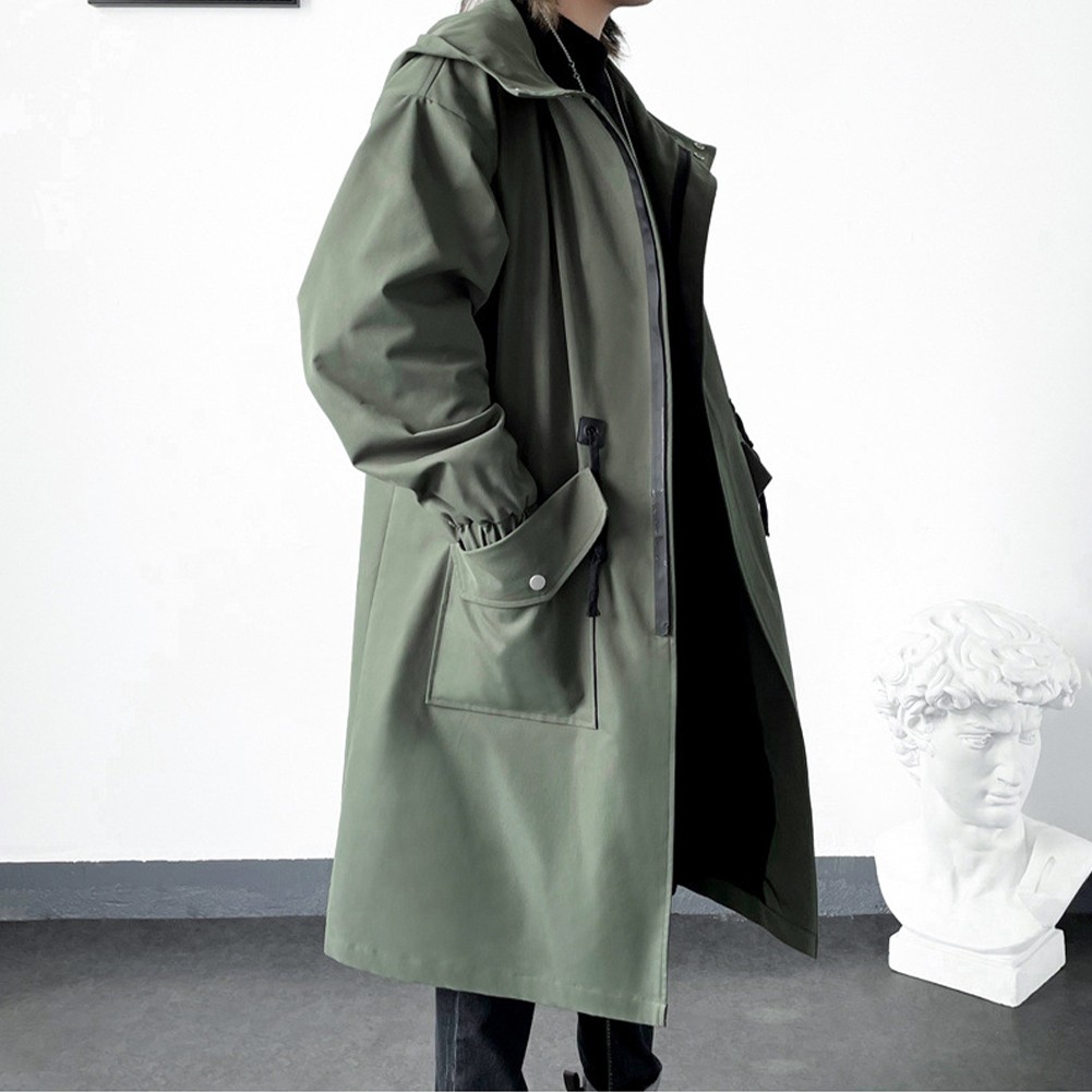 Fashionable Men's Long Overcoat in Khaki Green Black Suitable for Winter - Picture 20 of 26