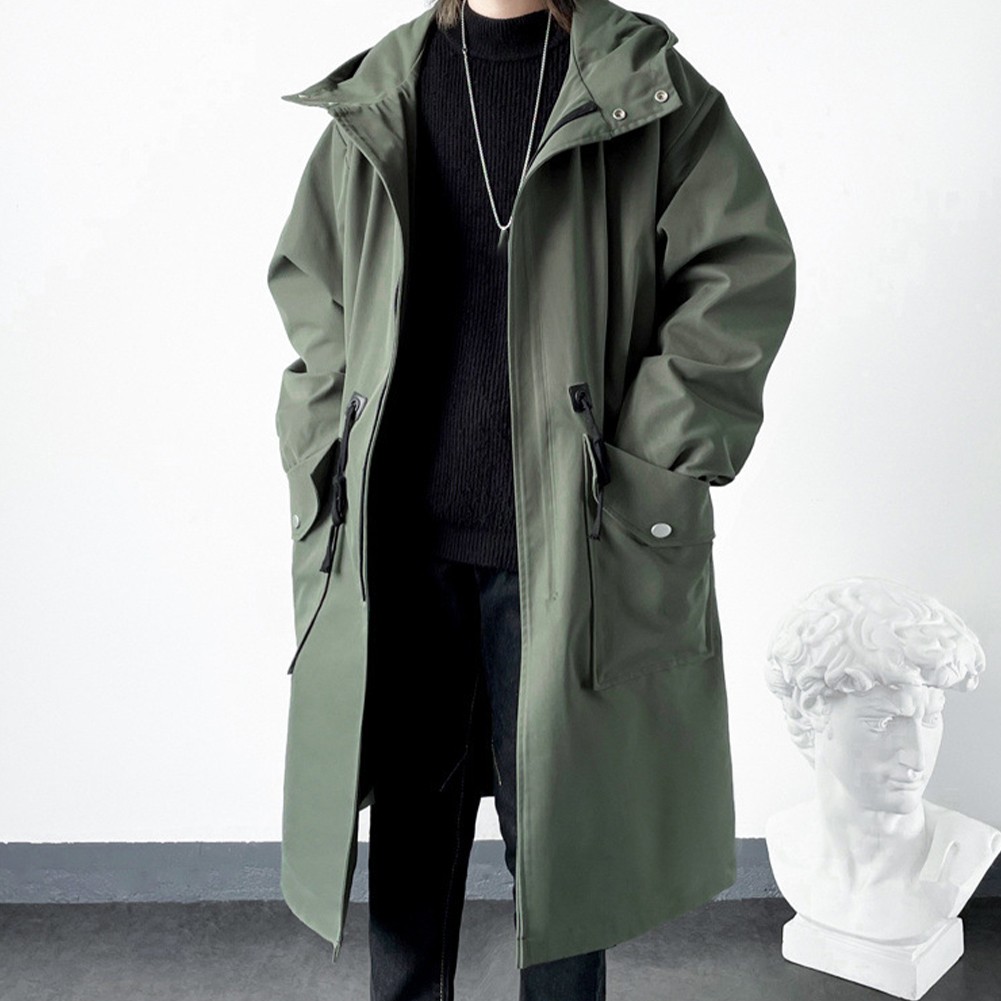 Fashionable Men's Long Overcoat in Khaki Green Black Suitable for Winter - Picture 21 of 26