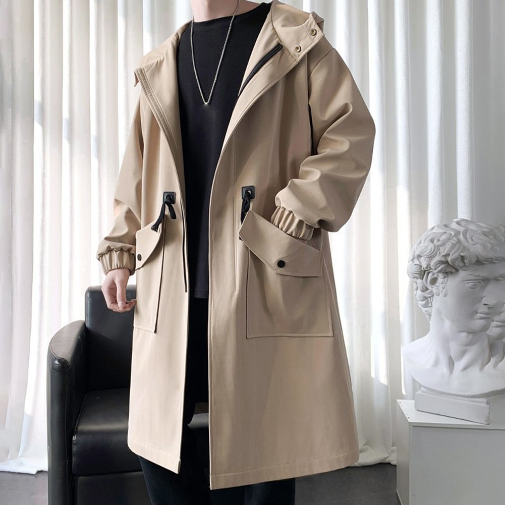 Fashionable Men's Long Overcoat in Khaki Green Black Suitable for Winter - Picture 16 of 26
