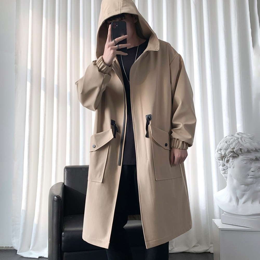 Fashionable Men's Long Overcoat in Khaki Green Black Suitable for Winter - Picture 13 of 26
