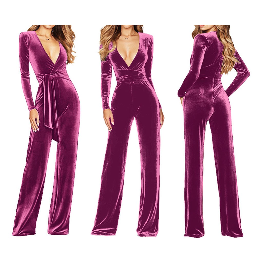 Comfortable Women Velvet Jumpsuit with Long Sleeves for Casual Outings - Picture 20 of 38