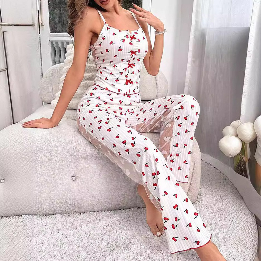Womens Sleepwear Set with Elegant Mesh Stitching and Distinctive Print Patterns - Picture 14 of 29