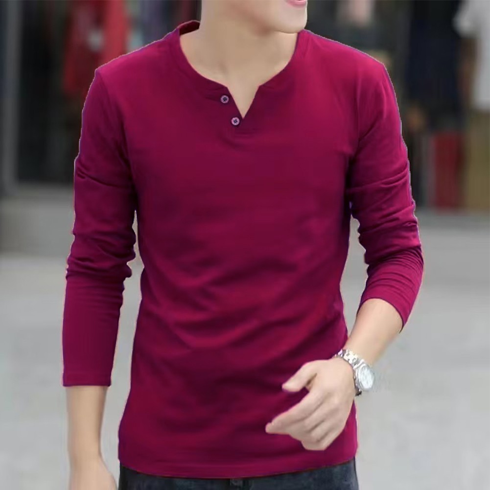 Elegant Men's V Neck Henley T Shirt Slim Fit Buttoned Long Sleeve Pullover Top - Picture 19 of 20