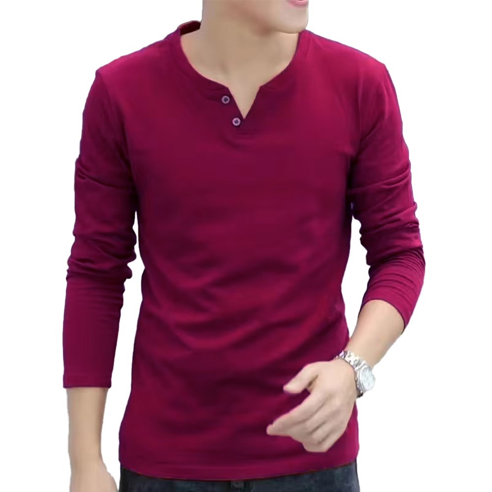 Elegant Men's V Neck Henley T Shirt Slim Fit Buttoned Long Sleeve Pullover Top - Picture 20 of 20