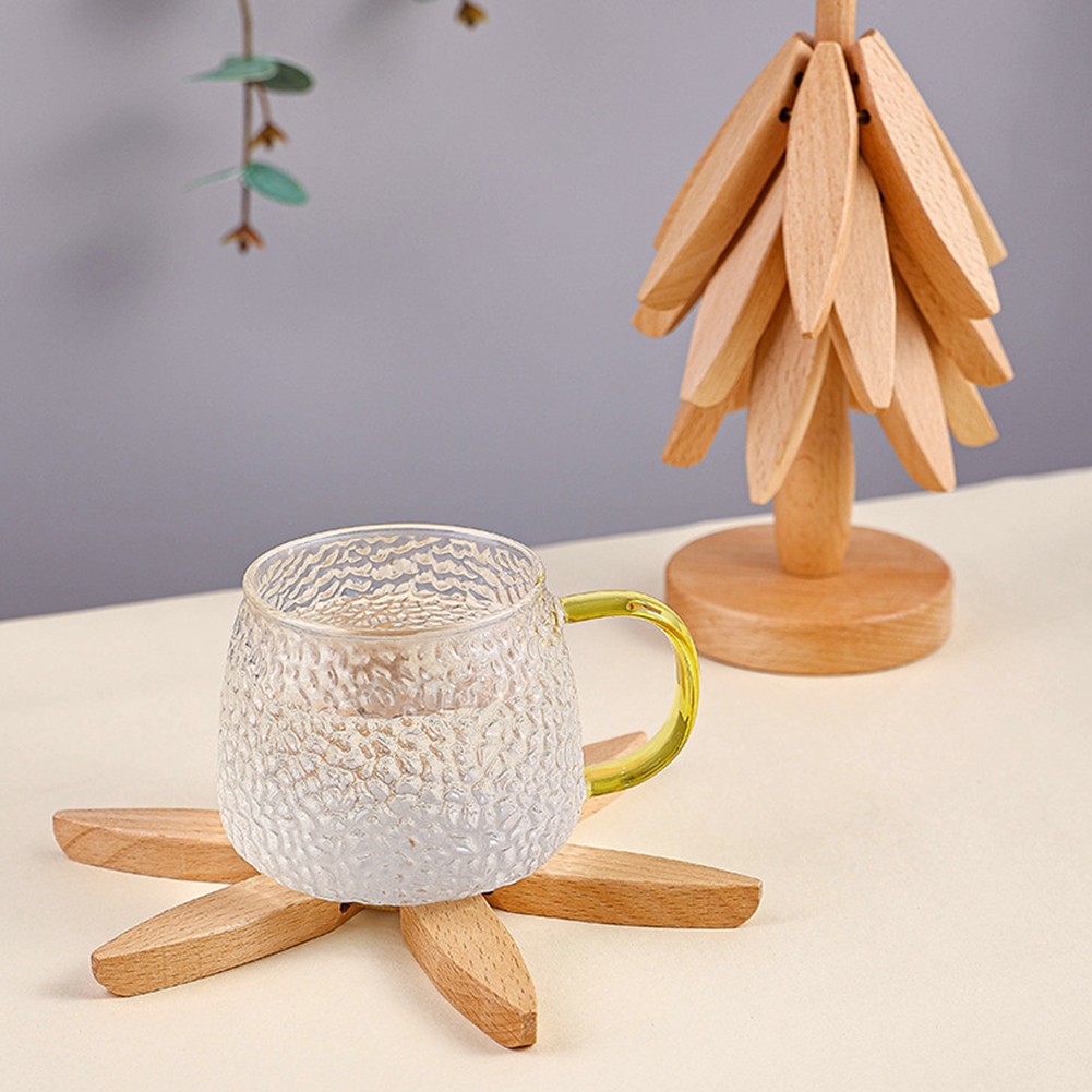 Set Of 4 Foldable Wooden Tree Coaster Trivets With Stand - Natural Beechwood Heat Resistant Pads For Hot Pots, Plates, Mugs 9 thumbnail image