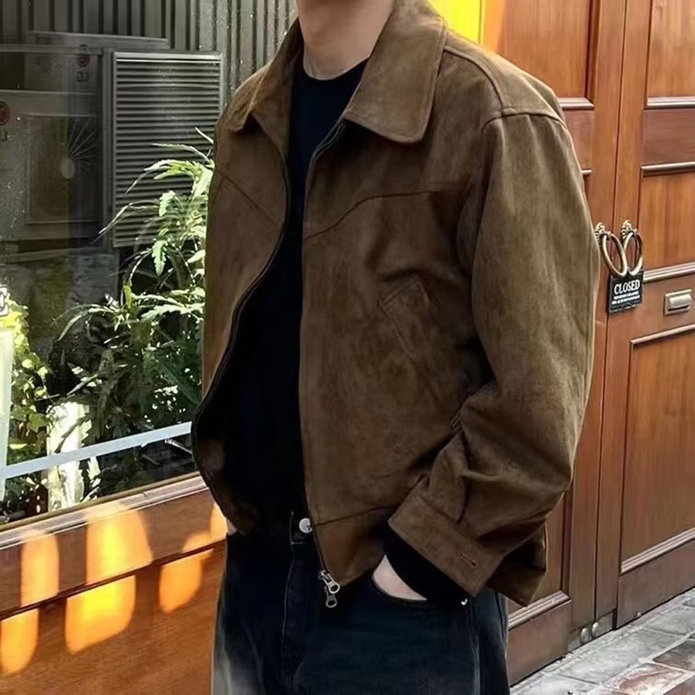 Men's Casual Cropped Lapel Suede Jacket Great for Daily Wear in Mild Weather - Picture 19 of 27