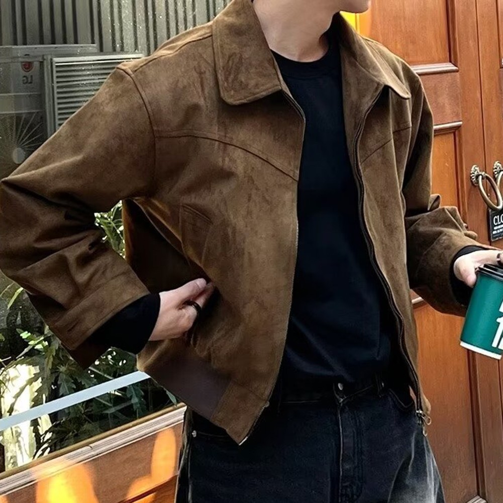 Men's Casual Cropped Lapel Suede Jacket Great for Daily Wear in Mild Weather - Picture 24 of 27