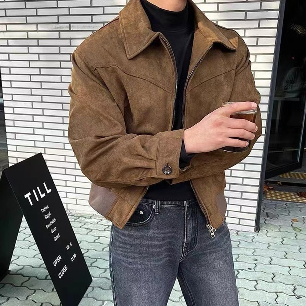 Men's Casual Cropped Lapel Suede Jacket Great for Daily Wear in Mild Weather - Picture 18 of 27