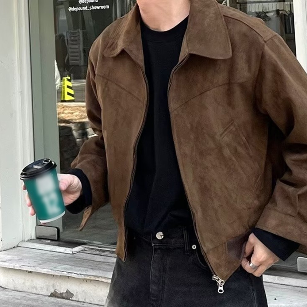 Men's Casual Cropped Lapel Suede Jacket Great for Daily Wear in Mild Weather - Picture 17 of 27