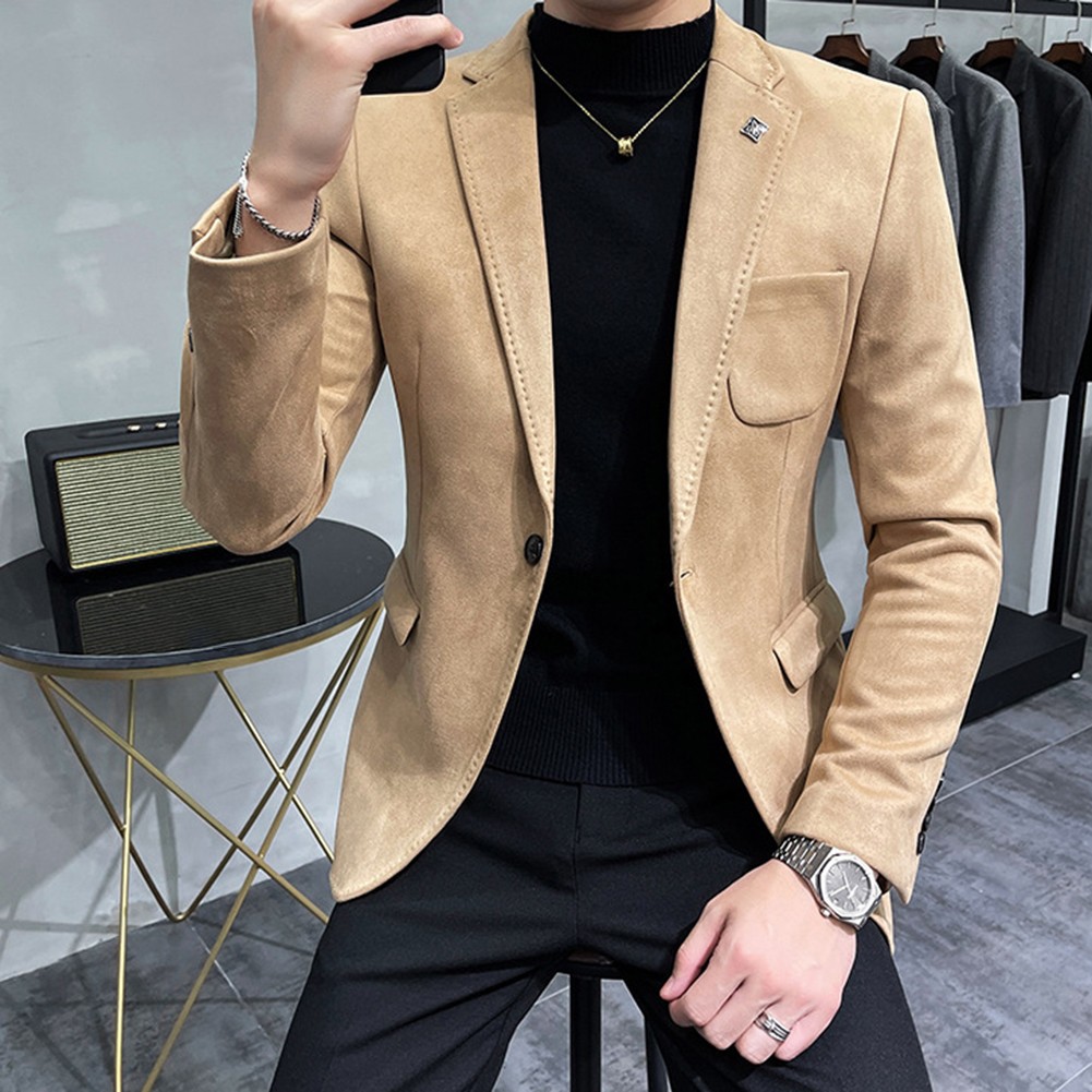 Stylish Men's Suede Blazer Casual Single Button Jacket for Spring and Autumn - Picture 15 of 54