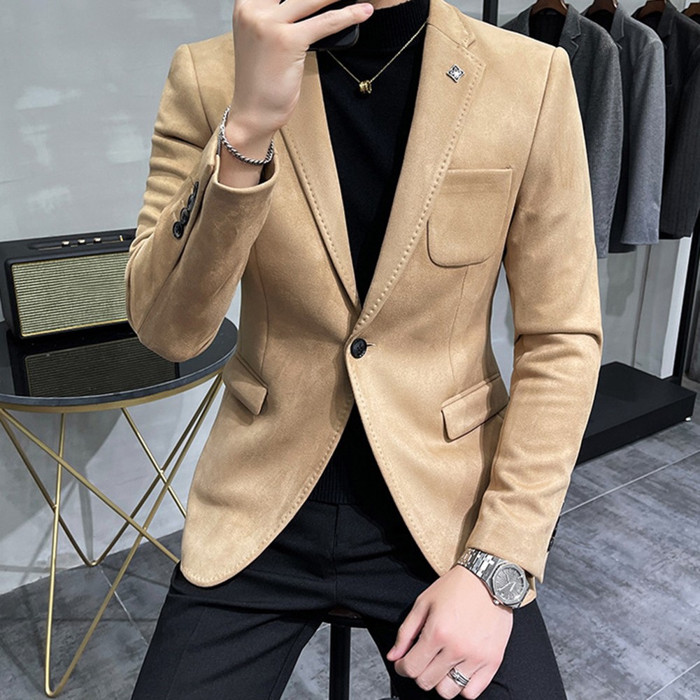 Stylish Men's Suede Blazer Casual Single Button Jacket for Spring and Autumn - Picture 19 of 54