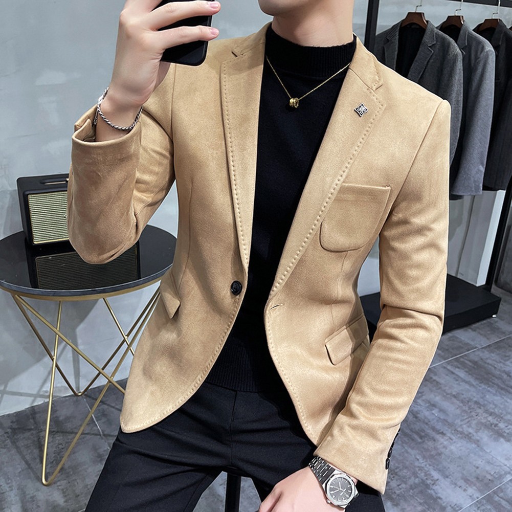 Stylish Men's Suede Blazer Casual Single Button Jacket for Spring and Autumn - Picture 17 of 54