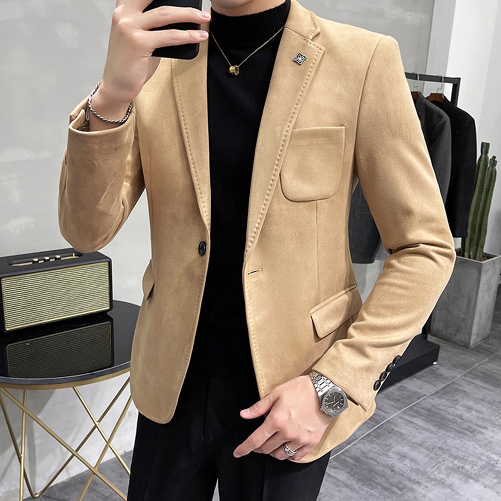 Stylish Men's Suede Blazer Casual Single Button Jacket for Spring and Autumn - Picture 16 of 54