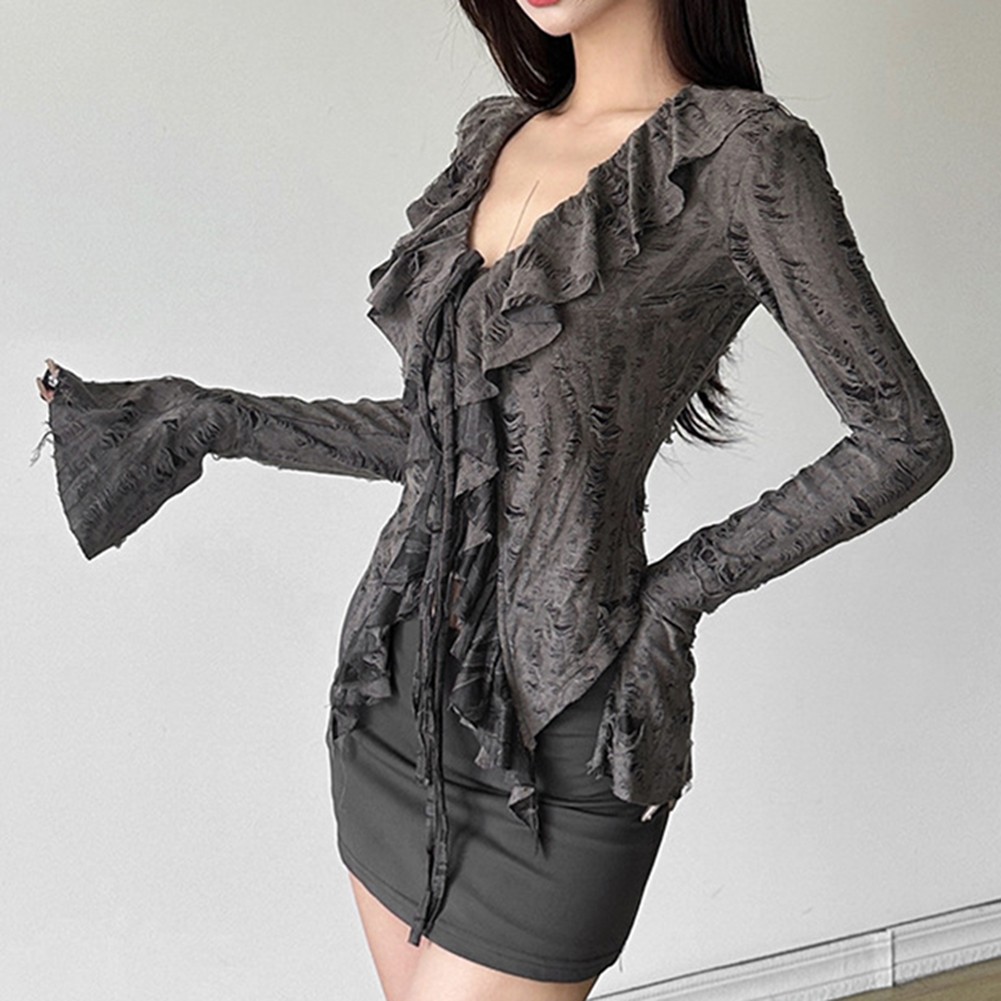 Autumn Women V Neck Ruffled Flared Long Sleeve T Shirt for Stylish Casual Wear