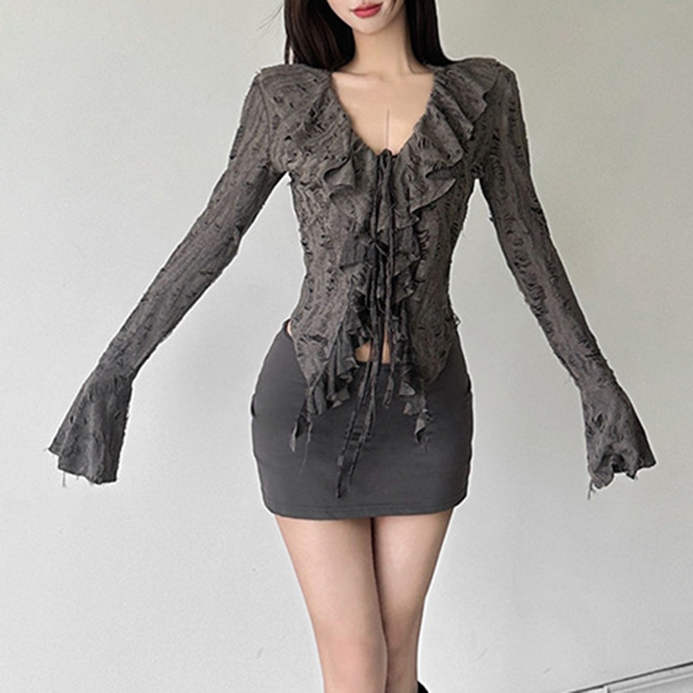 Autumn Women V Neck Ruffled Flared Long Sleeve T Shirt for Stylish Casual Wear