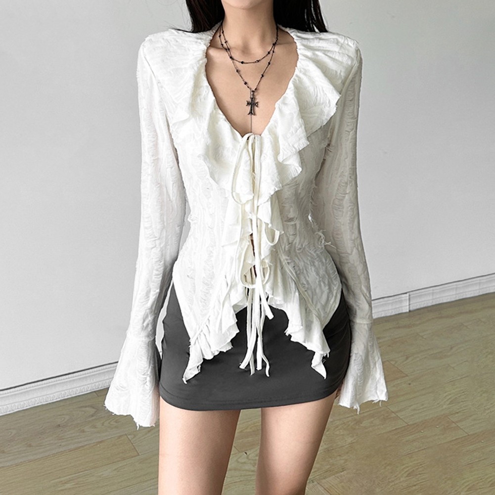 Autumn Women V Neck Ruffled Flared Long Sleeve T Shirt for Stylish Casual Wear