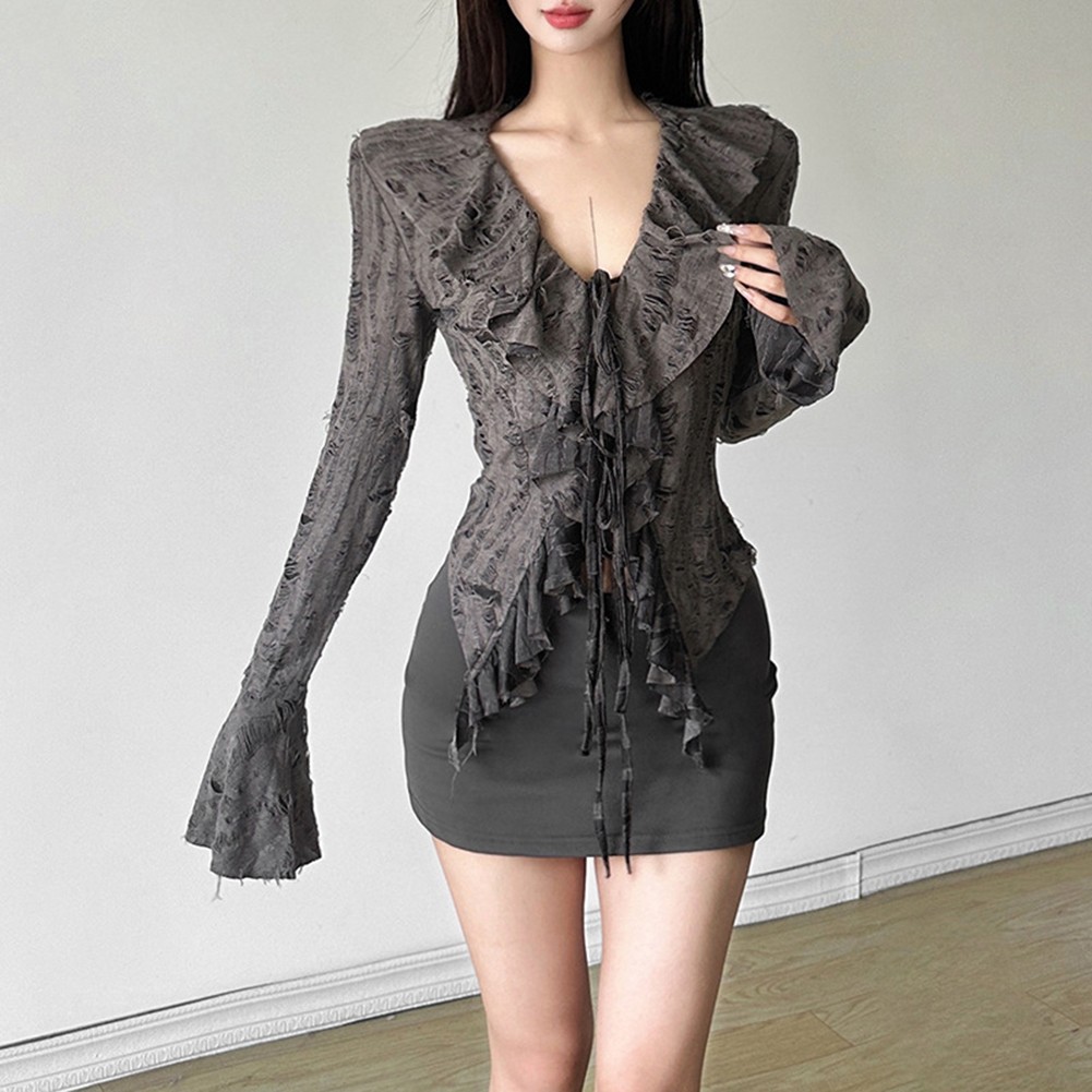 Autumn Women V Neck Ruffled Flared Long Sleeve T Shirt for Stylish Casual Wear