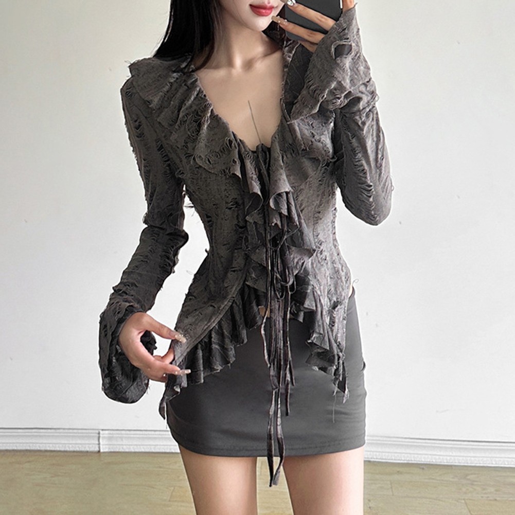 Autumn Women V Neck Ruffled Flared Long Sleeve T Shirt for Stylish Casual Wear