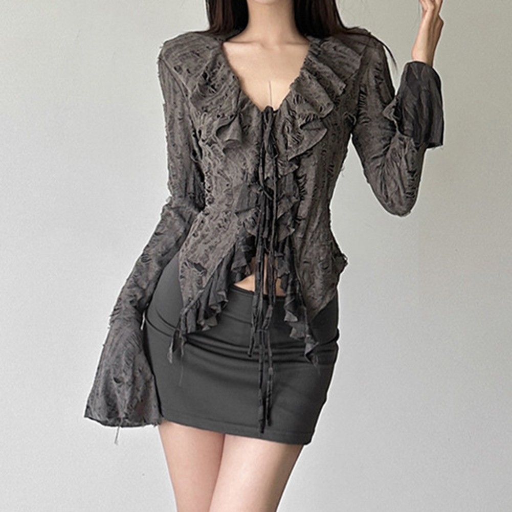 Autumn Women V Neck Ruffled Flared Long Sleeve T Shirt for Stylish Casual Wear