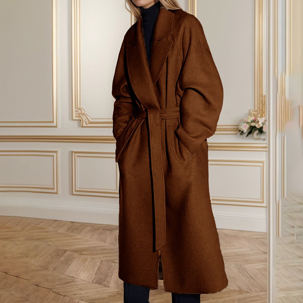 Timeless Womens Woolen Coat Extra Long with Lapel for Everyday Elegance