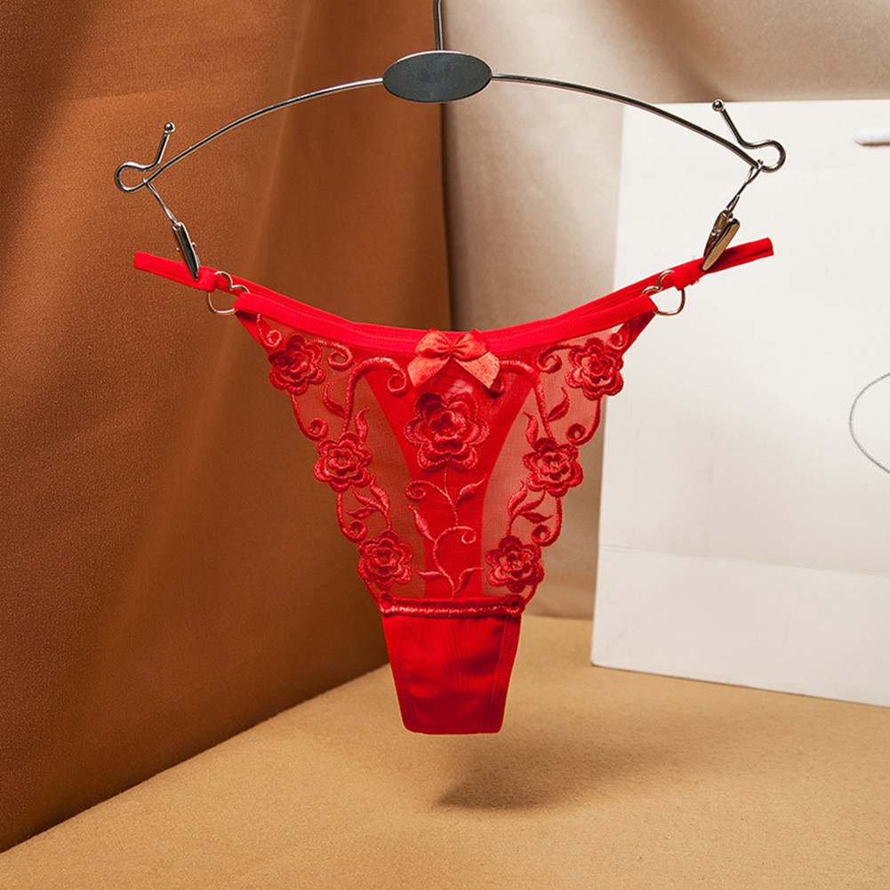Womens Lace Embroidery Thong Panties with Thin Straps in Various Colors