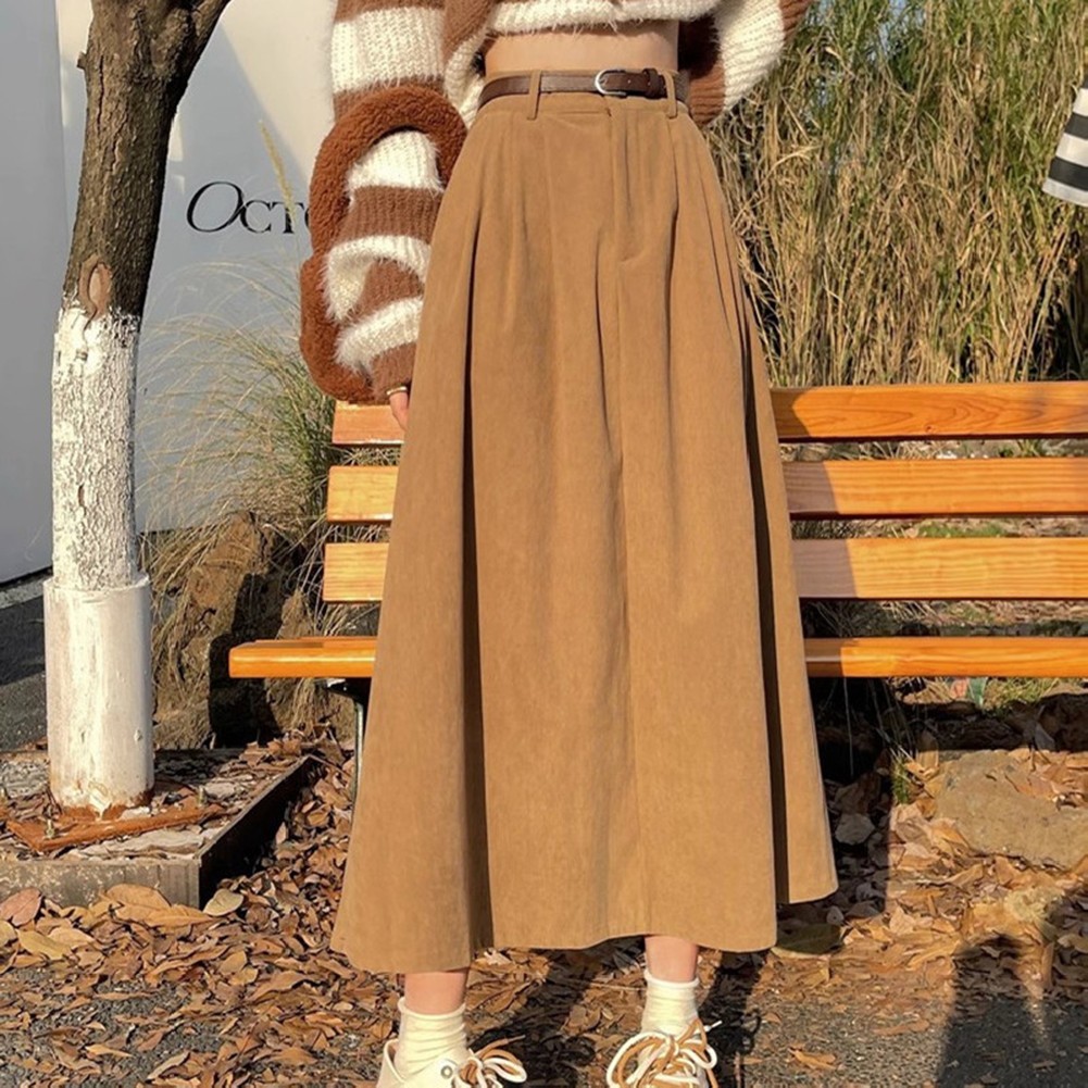 Seasonal Women Pleated A Line Corduroy Skirt Featuring a Matching Belt - Picture 38 of 40