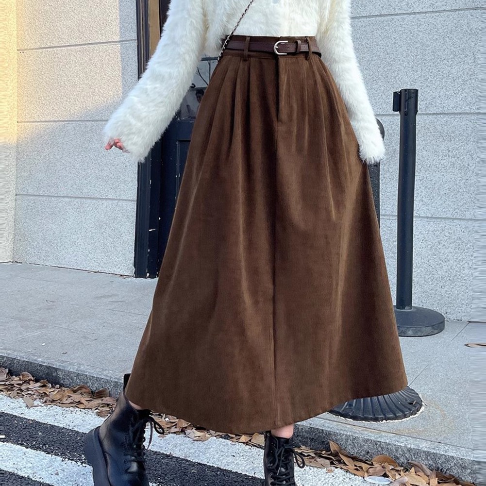 Seasonal Women Pleated A Line Corduroy Skirt Featuring a Matching Belt - Picture 23 of 40