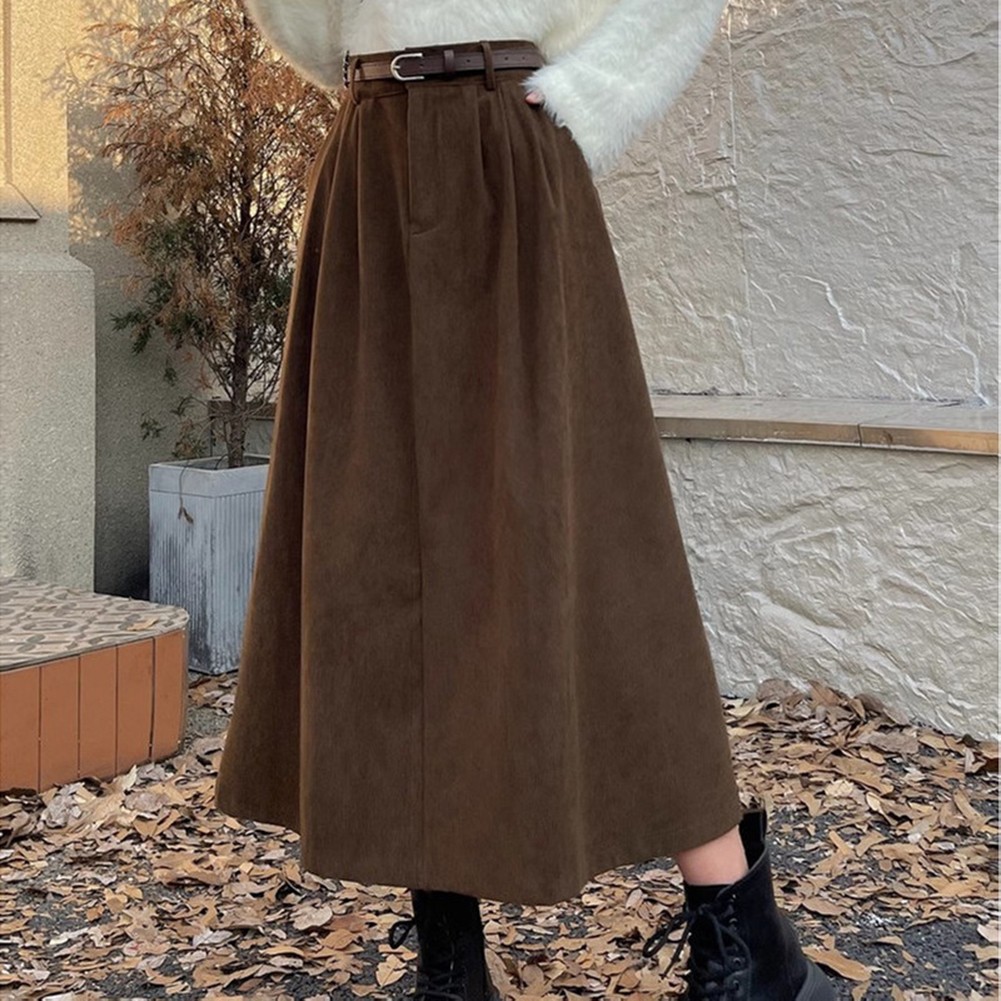 Seasonal Women Pleated A Line Corduroy Skirt Featuring a Matching Belt - Picture 25 of 40