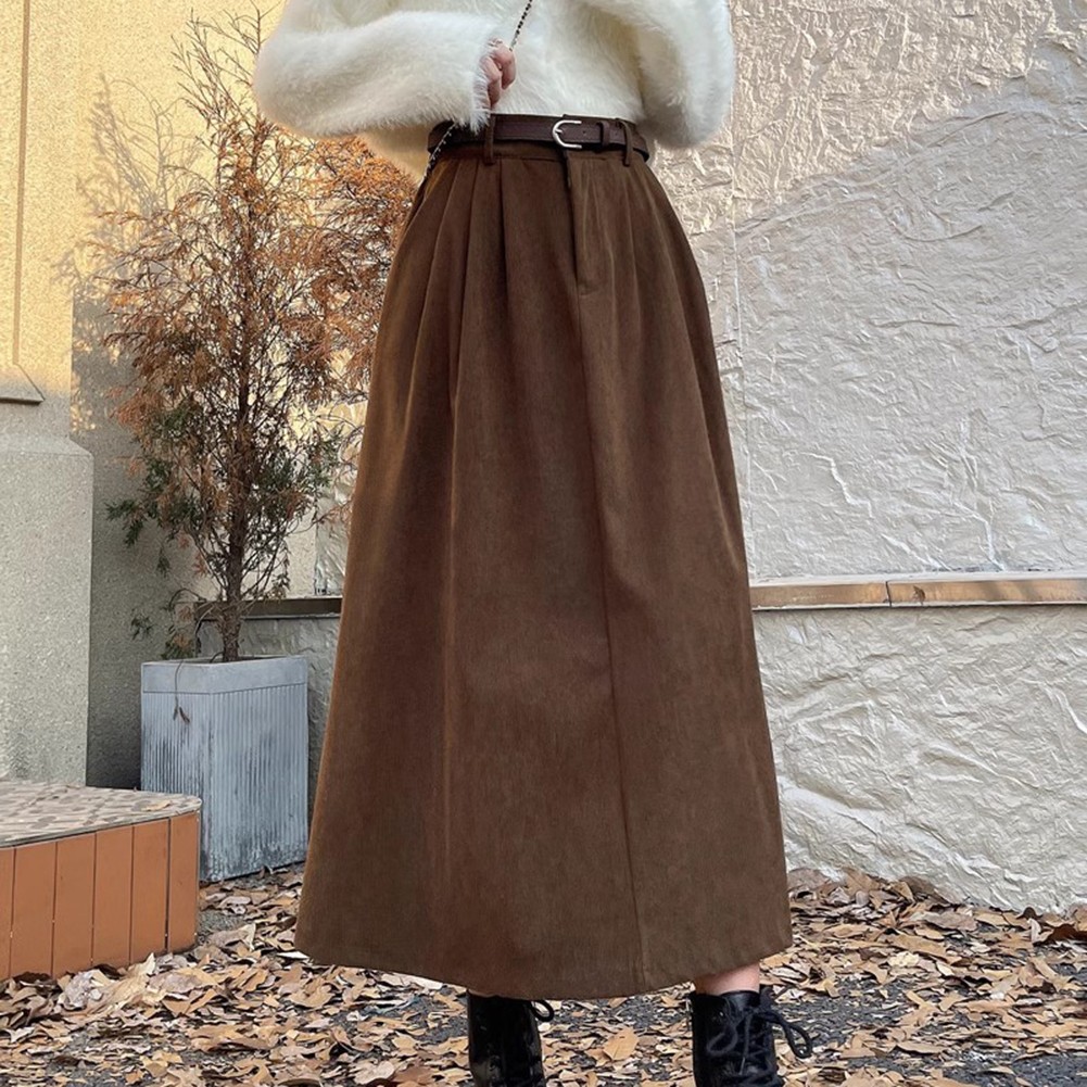 Seasonal Women Pleated A Line Corduroy Skirt Featuring a Matching Belt - Picture 21 of 40