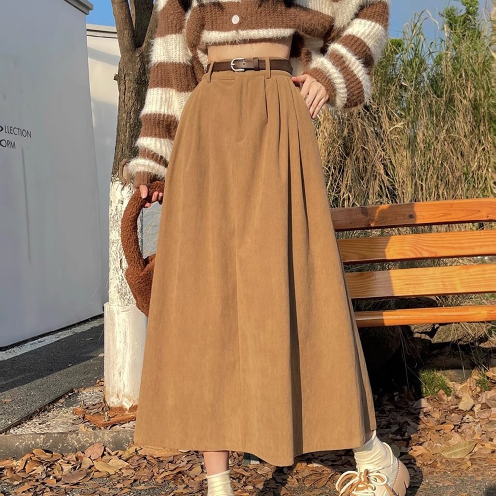 Seasonal Women Pleated A Line Corduroy Skirt Featuring a Matching Belt - Picture 35 of 40