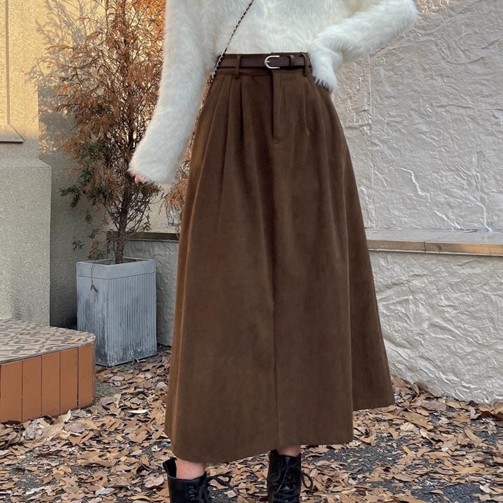 Seasonal Women Pleated A Line Corduroy Skirt Featuring a Matching Belt - Picture 26 of 40