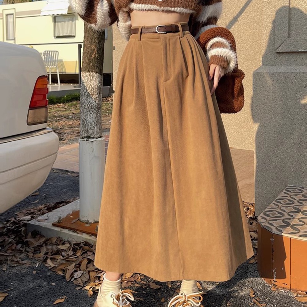 Seasonal Women Pleated A Line Corduroy Skirt Featuring a Matching Belt - Picture 39 of 40
