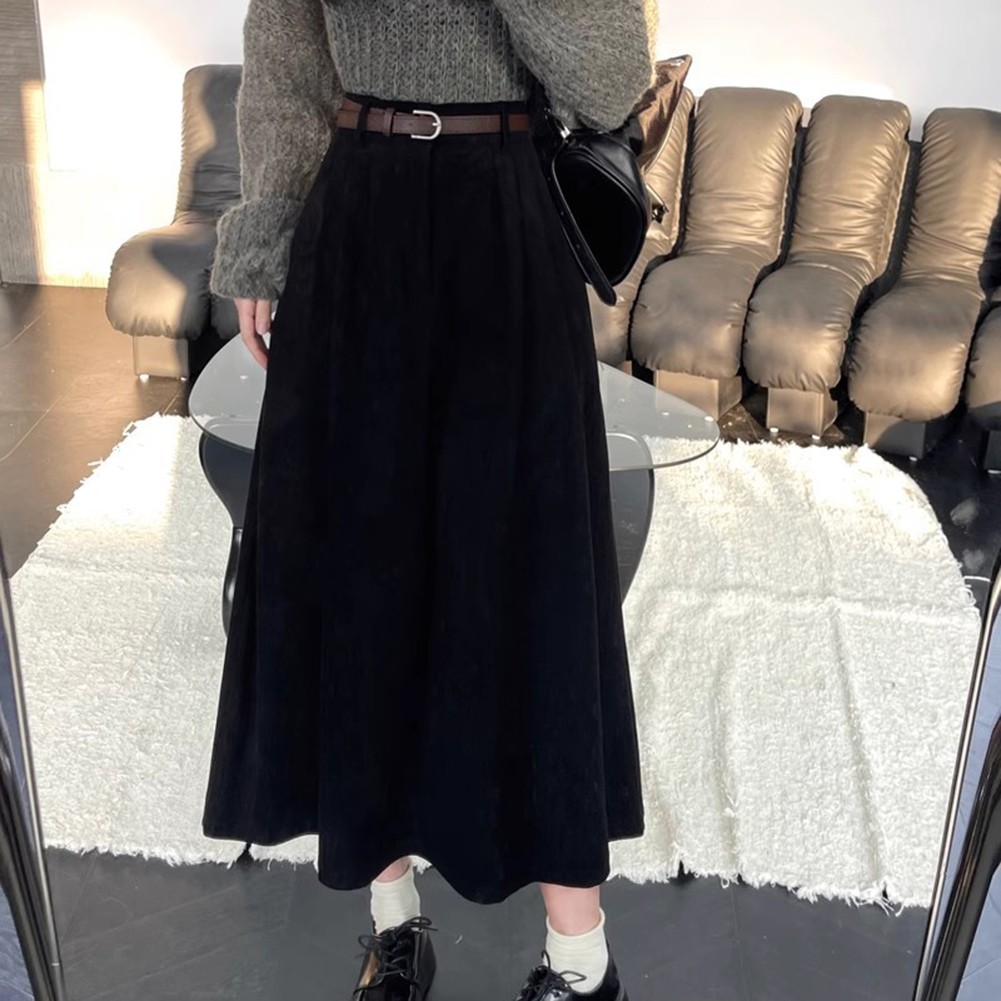 Seasonal Women Pleated A Line Corduroy Skirt Featuring a Matching Belt - Picture 31 of 40