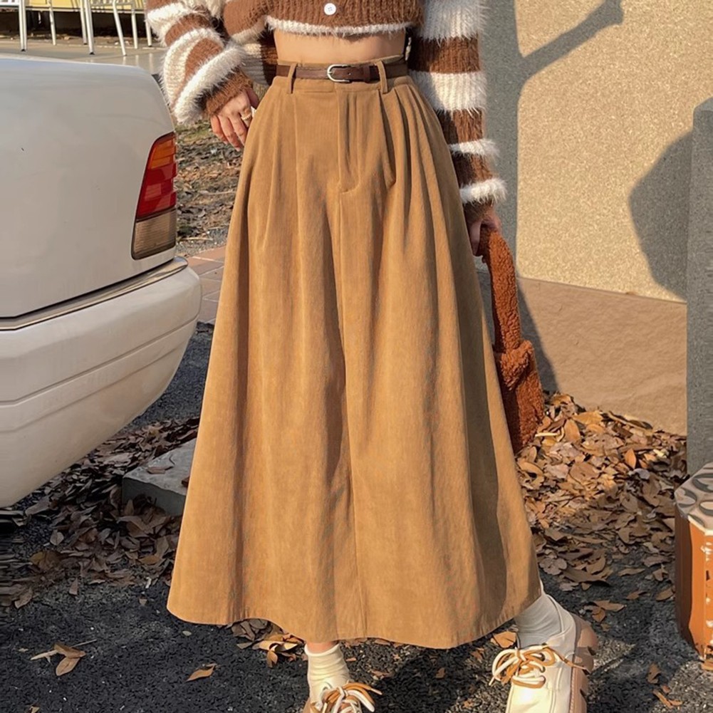 Seasonal Women Pleated A Line Corduroy Skirt Featuring a Matching Belt - Picture 36 of 40