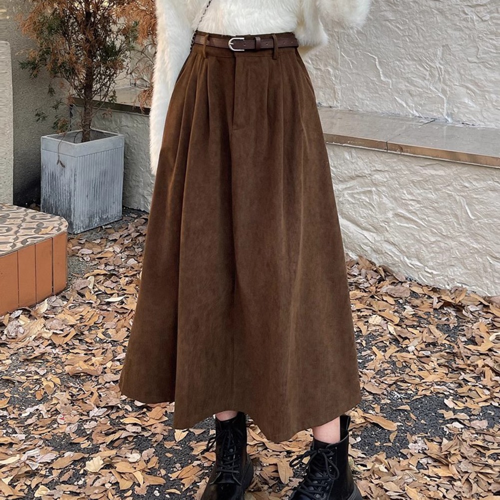 Seasonal Women Pleated A Line Corduroy Skirt Featuring a Matching Belt - Picture 20 of 40
